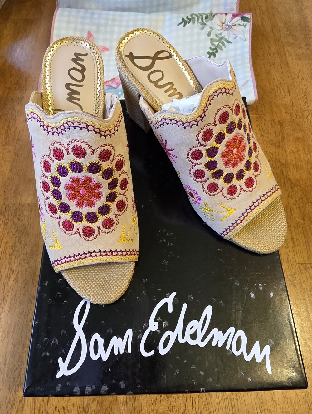 Sam Edelman "Olive" Beige Embroidered Peep-Toe Slides with Pink & Purple Accents